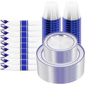 210 Pcs Blue Dinnerware Set for 30 Guests Include: 30 Dinner Clear Blue, 30 Dessert, 30 Pre Rolled with Cutlery Set, 30 Cups for