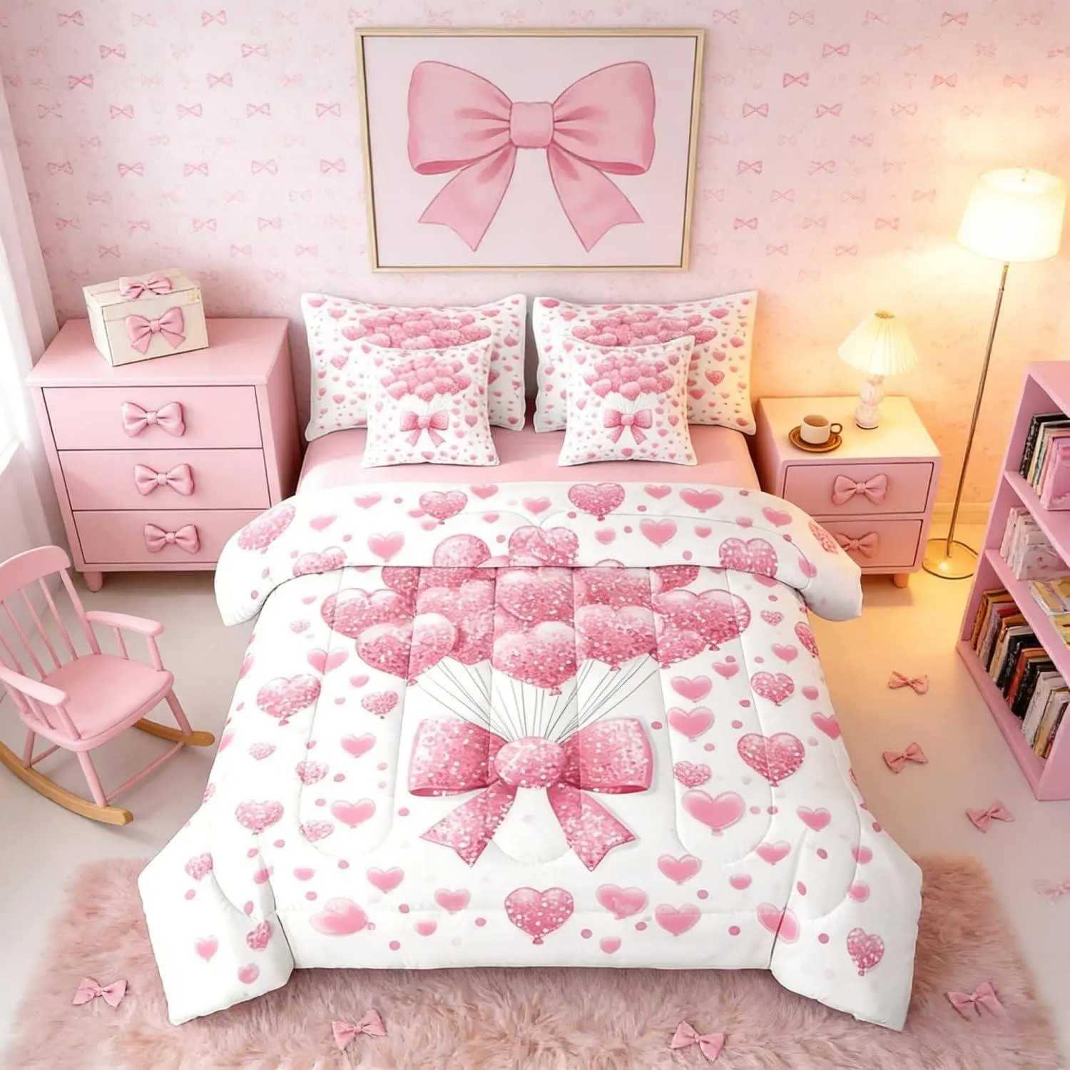 Bow Knot Bedding Set,for Girls Love Balloons 7 Piece Comforter Set with Sheets Pink Bowtie Bed in A Bag Coquette Bowknot Bed Set