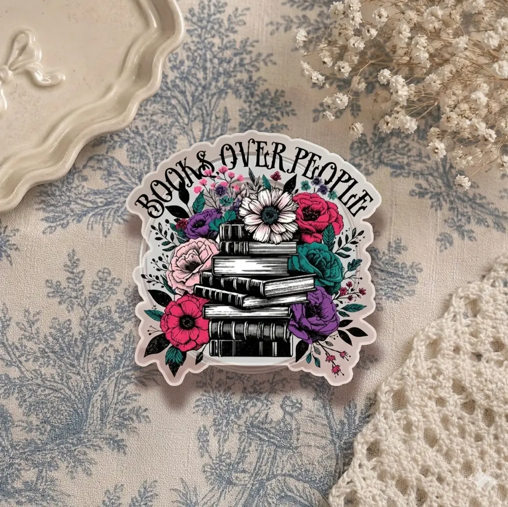 Aesthetic 'Books Over People' Sticker - Floral Book Lover Art for Journaling, Scrapbooking, and Planner Decoration