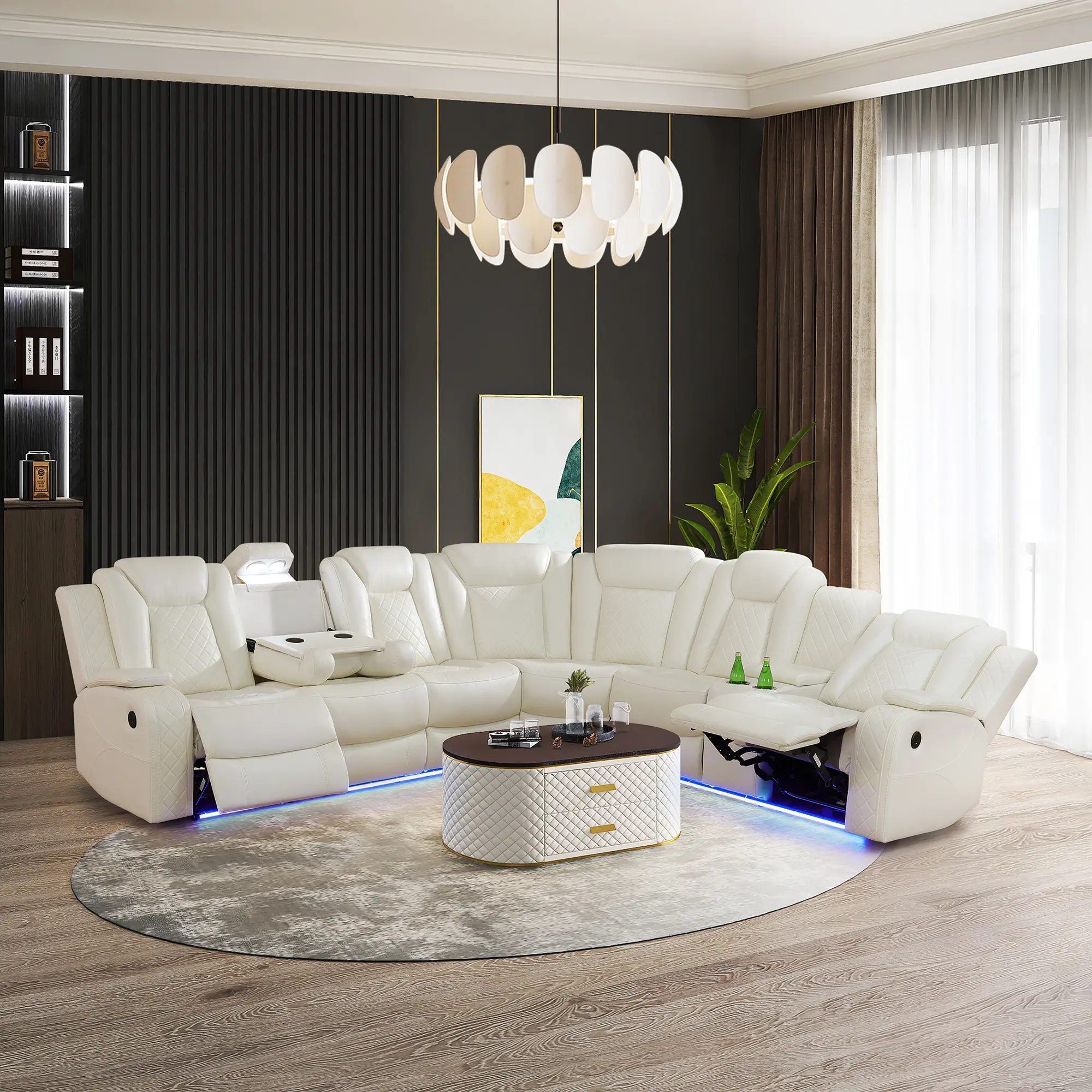 Summervibes 3-Piece Off-White Breathing Leather Modular Recliner Sofa Set, Modern Sleek Design, Power Reclining Upholstered Sectional, Cozy Indoor Living Room Ensemble for Brunch Photoshoots & Lazy Days, Modular Sofa Set