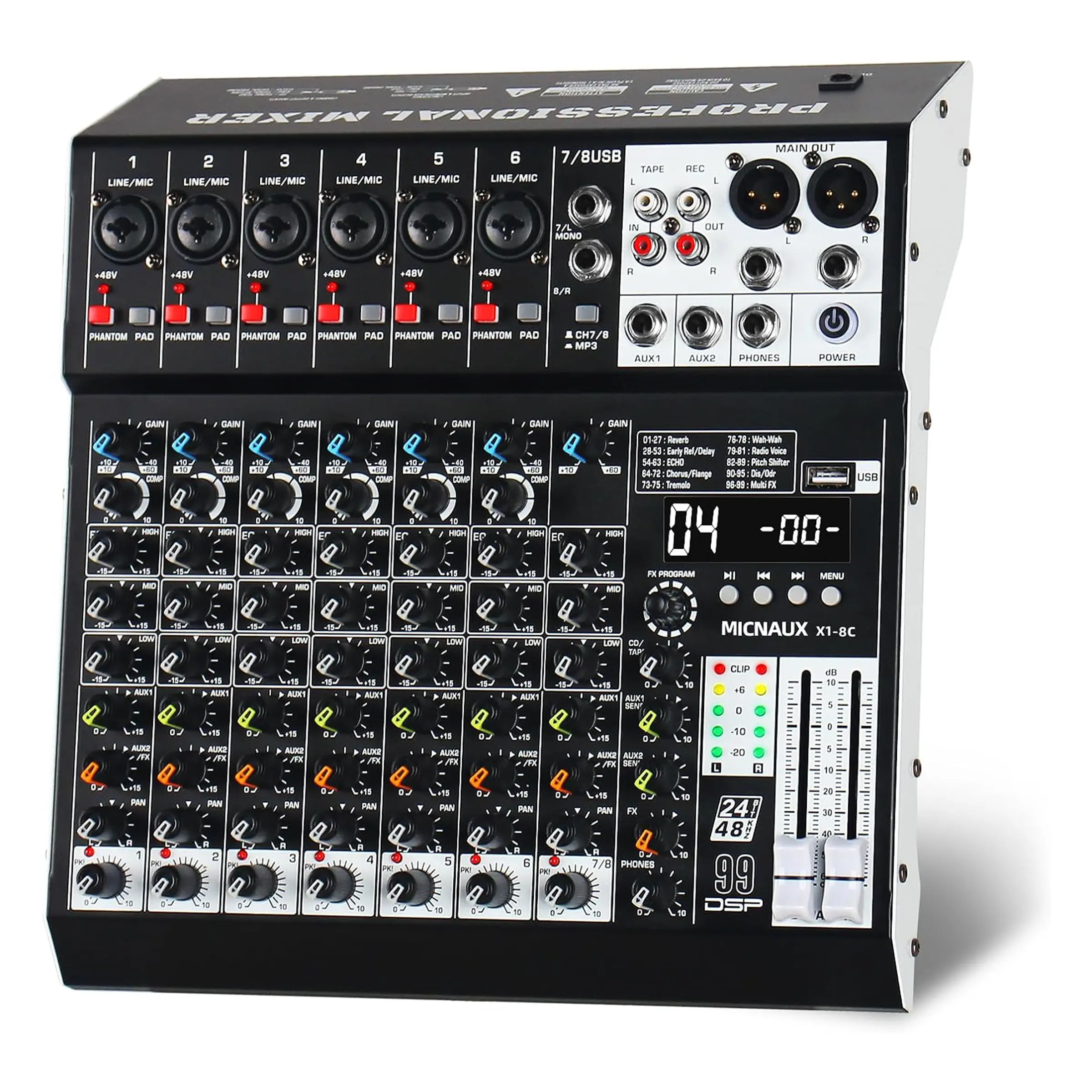 8-Channel Digital Audio Mixer Board - Professional DJ Sound Console with 99 DSP Effects, Bluetooth for Smartphones, USB, 48V Phantom Power for Live Streaming, Studio Recording