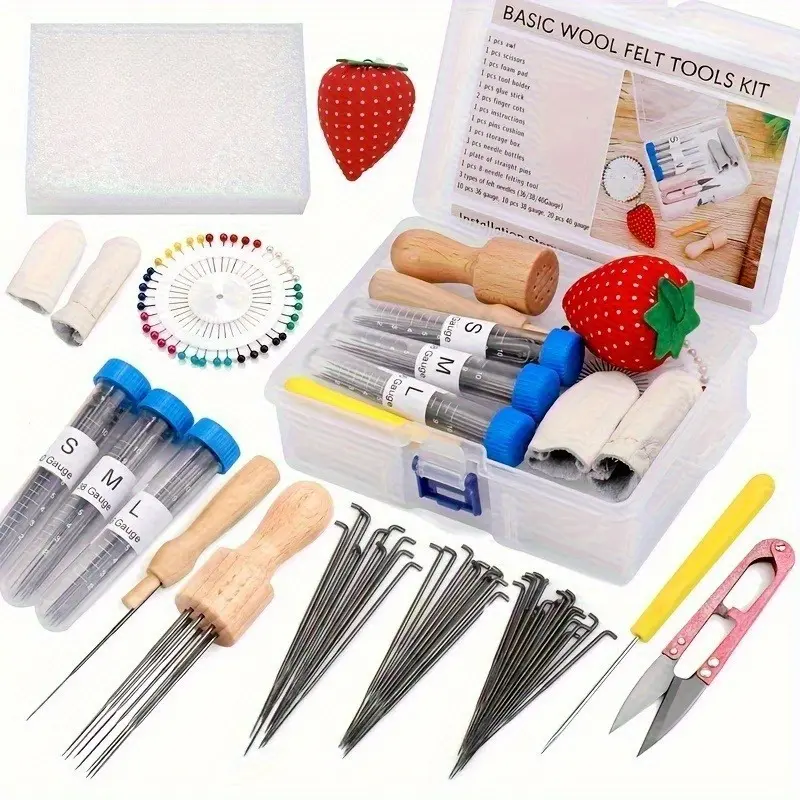 1set Felting Needles, Complete Needle Felting Kit, Needle Felting Supplies with 8-Needle Felting Tool, 36/38/40 Gauge Felting Needles, Sewing Pins, Foam Mat, Scissors for Beginner Professional Craft DIY Handmade Craft Handcraft