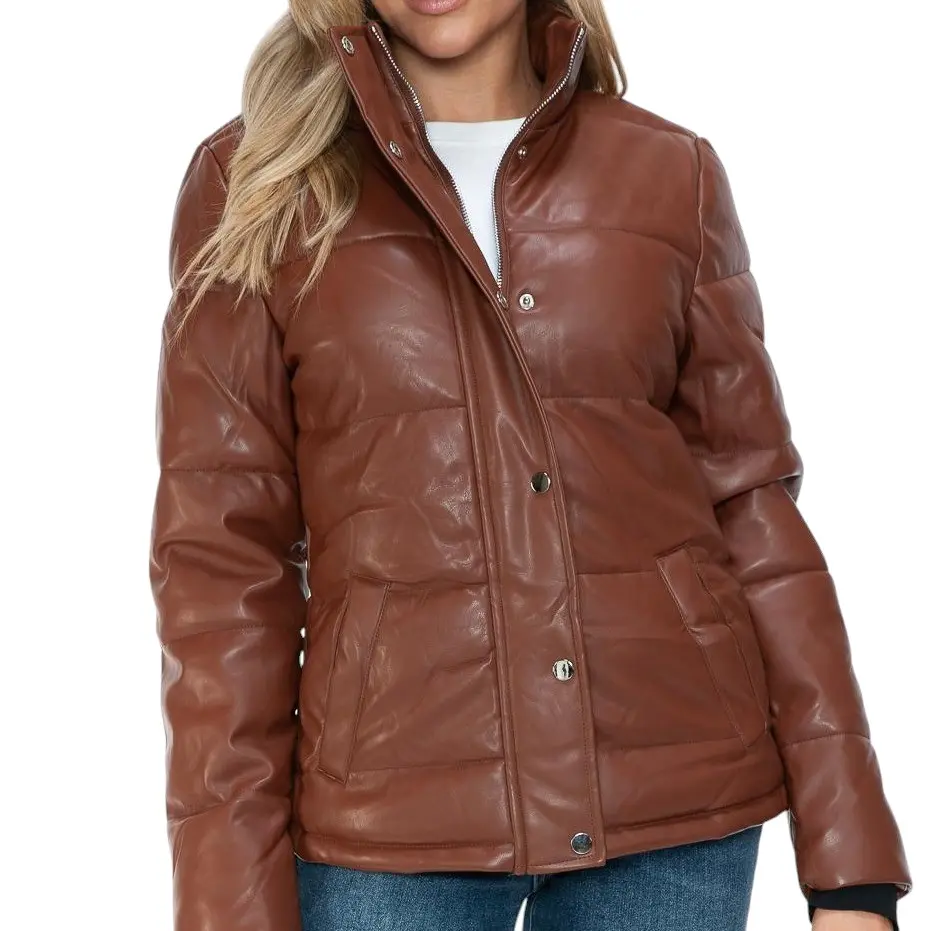 Pocketed Zip Up Turtleneck Puffer Jacket Basic Outerwear Women's Lightweight -   100% pleather, Comfort Womenswear