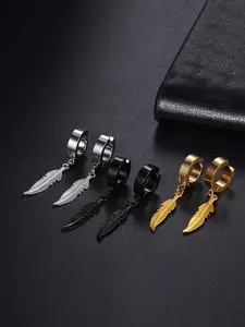 3 Pairs Men's Feather Earrings, Stainless Steel Punk Style, Fashionable and Cool, Lightweight Luxury Accessories, All Seasons Wear, Ear Clip Set