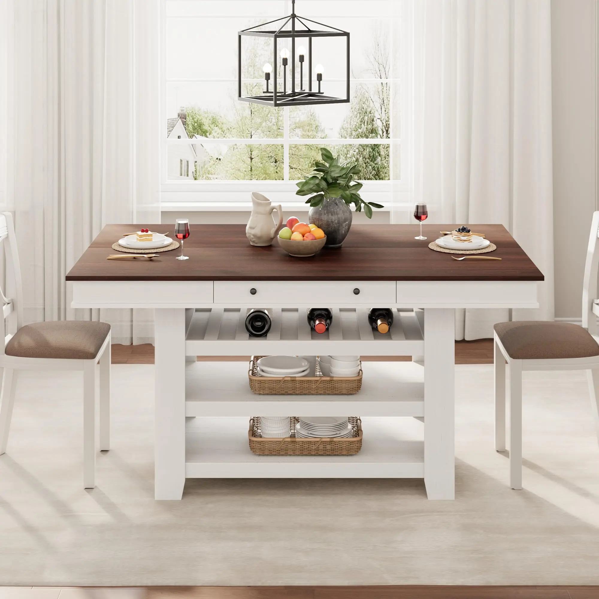 Garvee 60" Counter Height Dining Table for 4, Farmhouse Rectangular Bar Height Kitchen Table & Thick Table Top, With Deepened Wine Rack & Shelves for Kitchen, Bar,Retro White & Brown