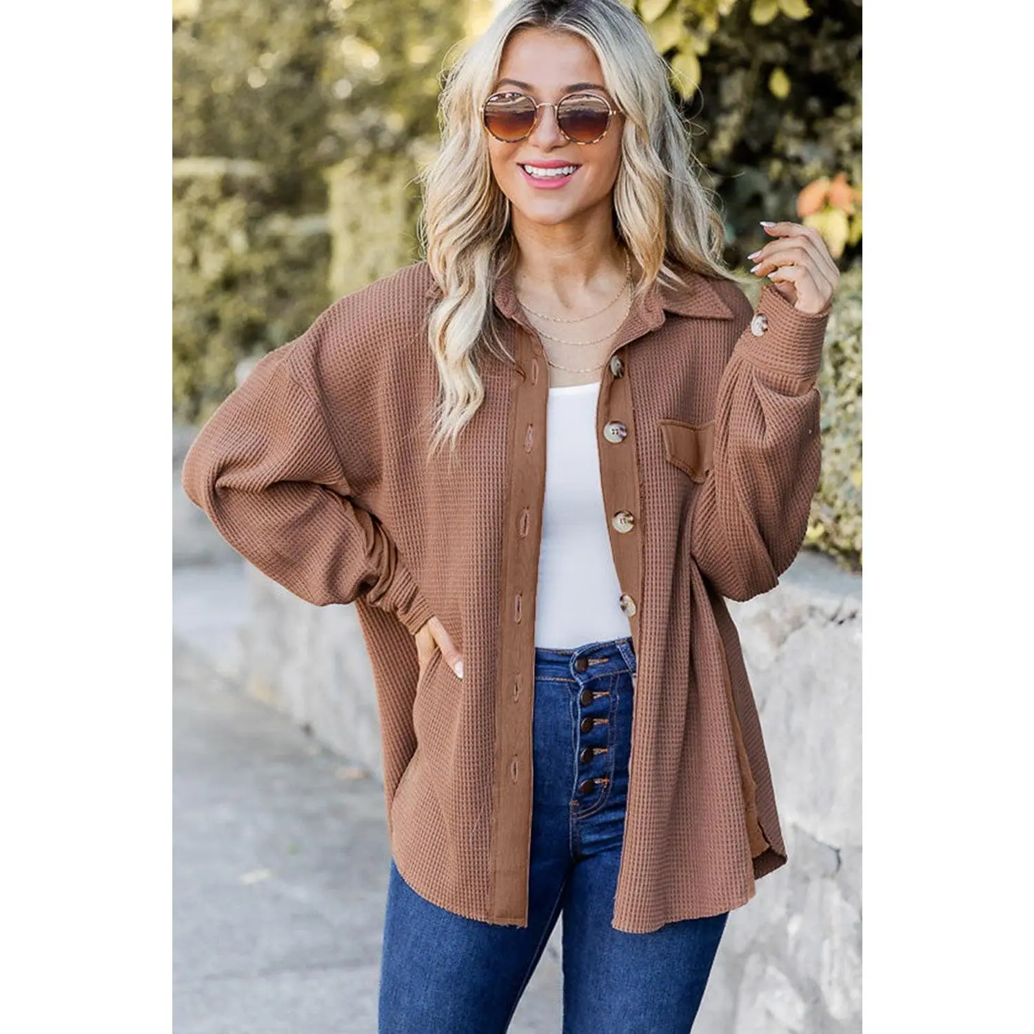Brown Waffle Knit Button Down Shacket