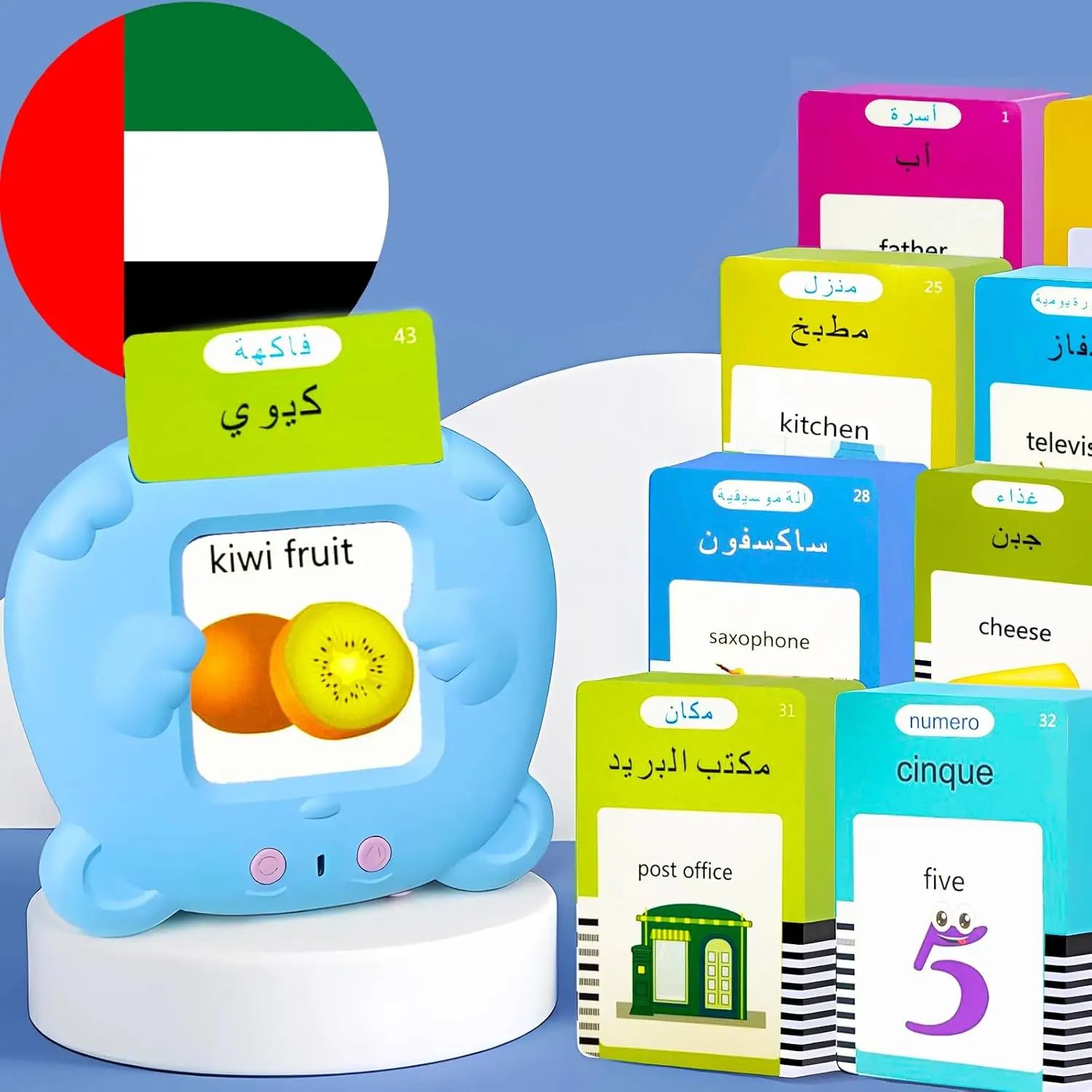 Bilingual English Arabic Flash Cards - Talking Flash Cards for Kids, 510 Sight Words, Pocket Speech for Toddlers 3-12, Autism Sensory Toys, Preschool Learning Activities Boys (Blue)