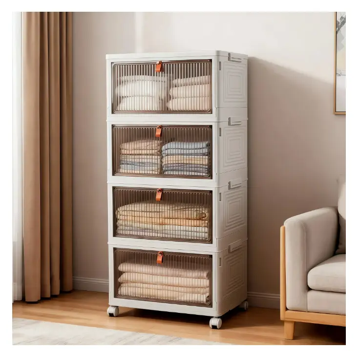 GARITIN 92 Qt Stackable Storage Bins with Lids and Wheels, 4 Tier Folding Storage Box with Doors, Plastic Closet Organizers and Storage Containers for Living Room, Office, Dorm