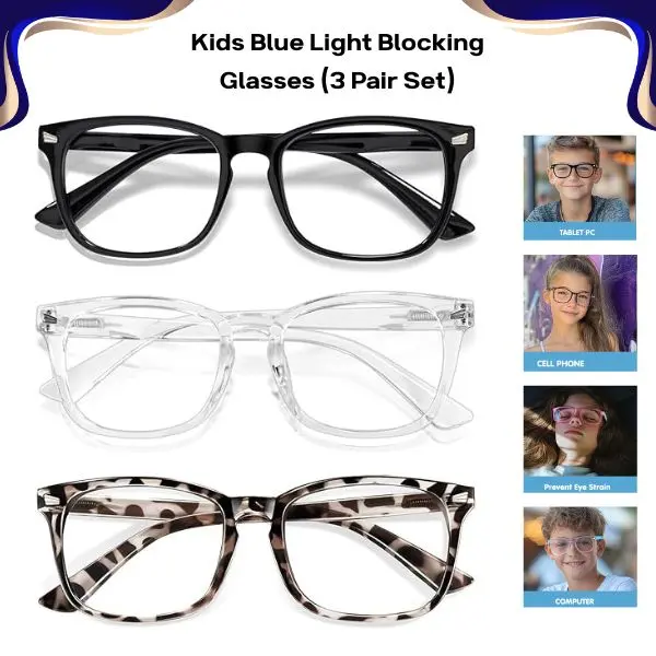 Kids Blue Light Blocking Multi-Pack Glasses (3-Pair Set), Unbreakable Anti-Glare Computer & Gaming Glasses for Screen Time Eye Protection, Teens & Kids