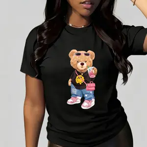 kawaii Little Bear Print T-shirt Short Sleeve Crew Neck Casual Top for Summer Spring Women's Clothing Shirt Black Streetwear