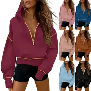 NewWomen's Fall Hooded Sweatshirts Long Sleeve Half Zip Cropped Hoodies Pullover Winter Fashion Clothes Can be used with a raincoat(Gift)11Gift
