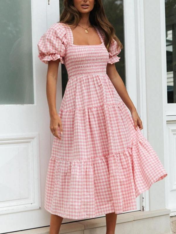 Women's Gingham Print Bubble Sleeve Dress, Casual Short Sleeve Square Neck A Line Dress for Summer, Women's Clothing for Daily Wear