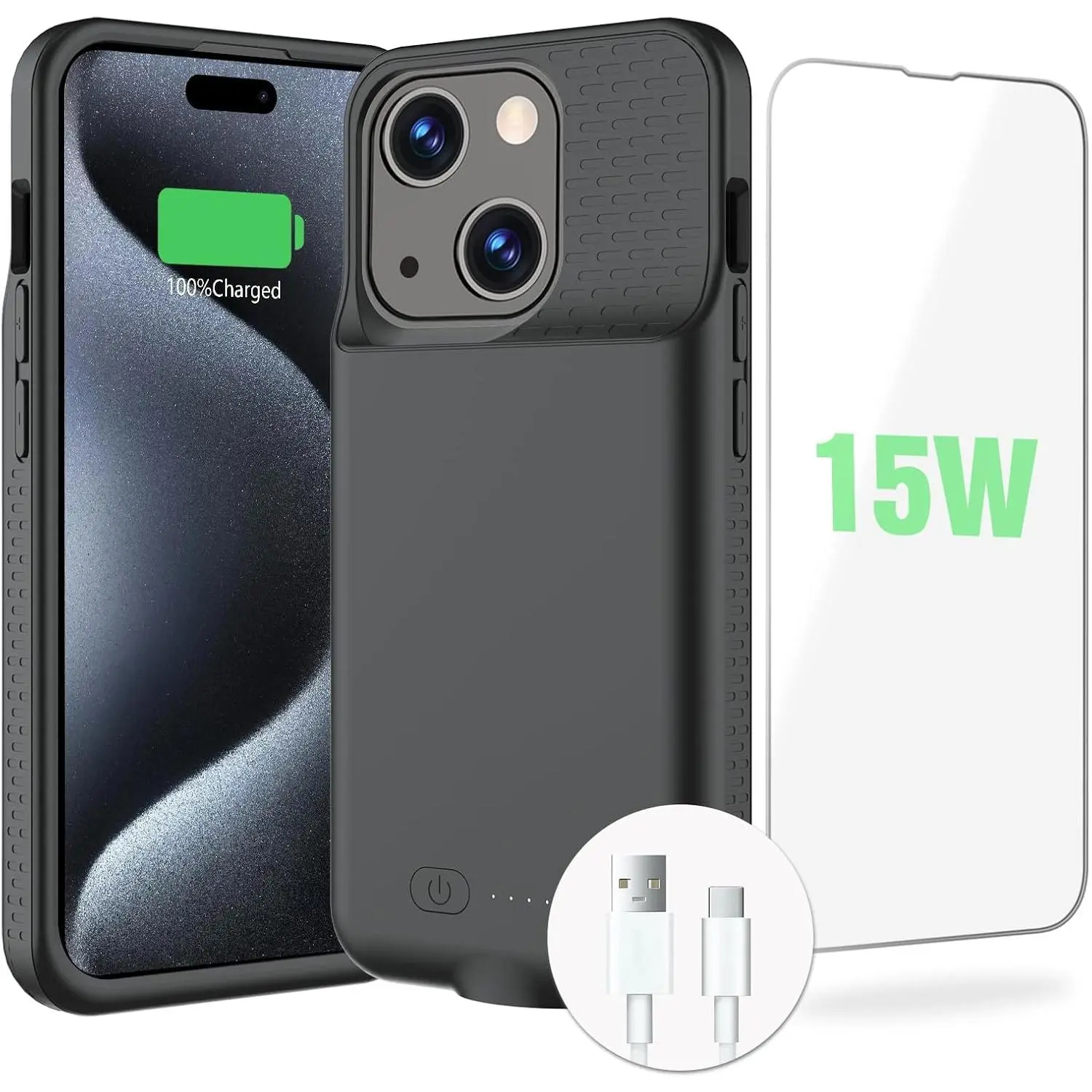 Case for iPhone 15/15 Pro,?New Upgrade? 15W Fast  7000mAh Charger Case Rechargeable Anti-Fall  TPU Anti-Slip for iPhone 15/15 Pro Charging Case 6.1inch,Black