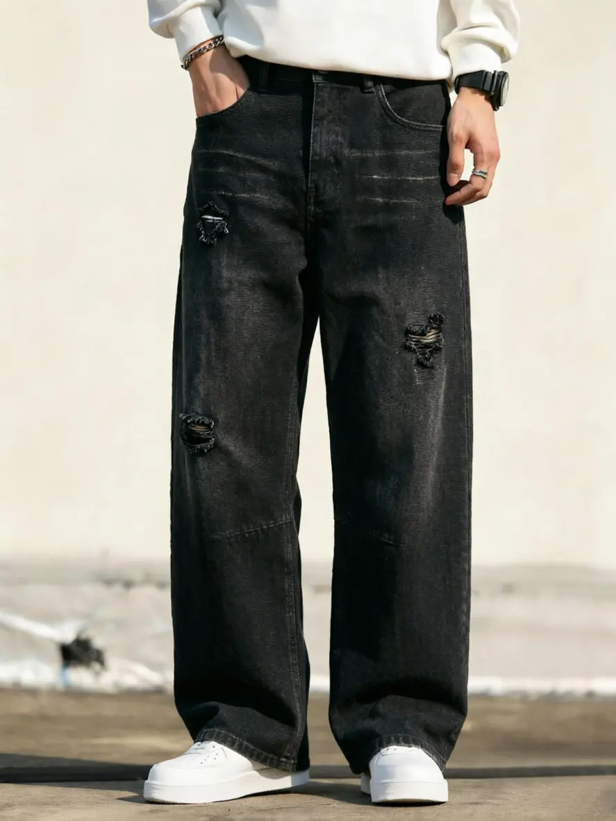 Men's Custom Vintage Light Blue Distressed Denim Pants - Ripped Wide-Leg Plain Menswear Jeans for Denim Lovers, Loose Casual Streetwear Trousers with Pockets, Polyester Baggy Bottoms
