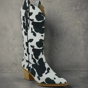 ARiderGirl Hanan Women Fashion Western Cowboy Boots Cow Print Stacked Faux Leather Heel And Stitched Faux Leather Welt Mid Calf Boots Walking Shoes Footwear