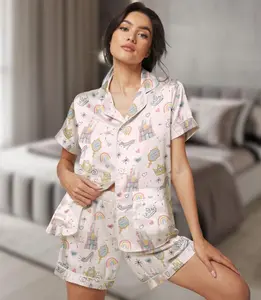 PJM SHORT Princess Castle Short Satin Pjs Set, Fairy Tale Shorts Pajamas, Magic Castle Short Pajama Set, Women Satin Pajama, Gift for Princess