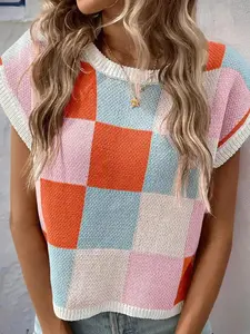 Women's Checkerboard Print Crewneck Cap Sleeve Sweater Casual Round Neck Jumper Summer Knit Tops Daily Wear Y2K Fashion Streetwear, 2000s Vibe, Sunny Days, Contemporary, Coastal Style, Breezy Comfort, Lightweight