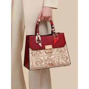 Women's Elegant Colorblock Handbag, Fashionable Retro Shoulder Bag, Leather Handbag with Adjustable Strap