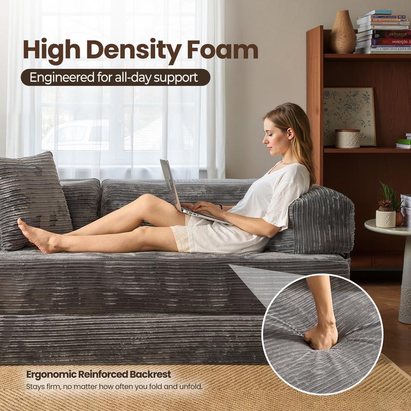 【Jumpstart Sale】Ovios 81" Convertible Boneless Sofa Bed, Fold Out Loveseat Sleeper Couch with Pillow, 4 in 1 Modular Cloud Corduroy Folding Queen Bed Floor Mattress, Lazy Chair for Living Room Bedroom