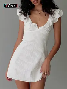 Sweet Lace Trim A-Line Mini Dress Slim-Fitting Elegant Romantic Dress Women's Clothing Flare Ruffles Sexy V Neck White Dress Cute Back Tie Occasion Party Wear Summer Dress