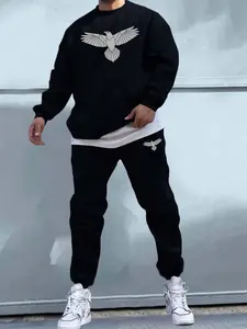 Men's Eagle Print Drop Shoulder Sweatshirt & Pocket Sweatpants Two-piece Set, Loose Casual Fashion Cozy Two Piece Outfits for Daily Outdoor Wear, Men's Clothing for Spring Fall