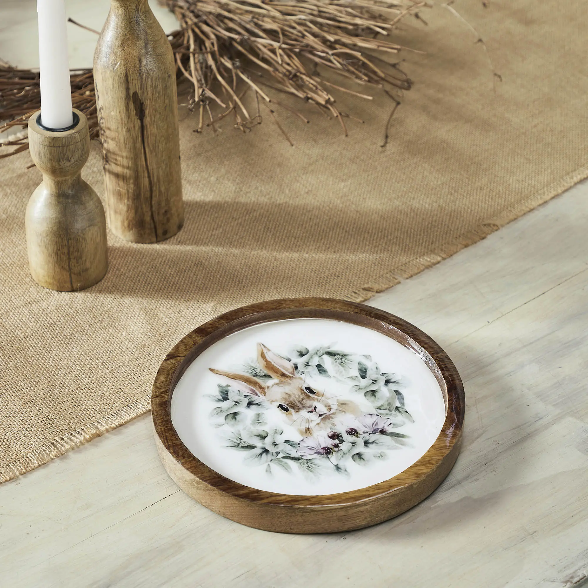 Easter Spring Round Sturdy Rustic Wooden Plate, Natural Finish with Bunny & Wreath, Small