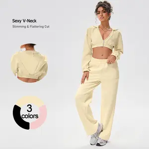 TimeOFF 2-Piece V-Neck Hooded Cropped Top & Wide-Leg Pants Set , Slimming Flattering Fit, 3-Color Options , Gym, Athleisure Women's Backless Tank Top Set