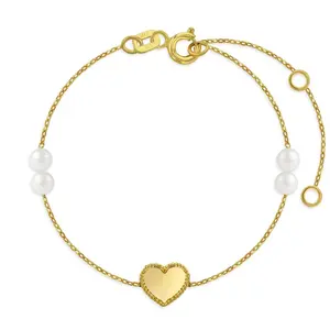 14k Gold 5.5-6" Framed Heart Kids / Children's / Girls Bracelet Freshwater Cultured Pearls