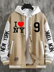 Men's Casual Letter Print Heart Patch Baseball Jacket, Fitted Geometric Design, All Seasons, Versatile Net Version