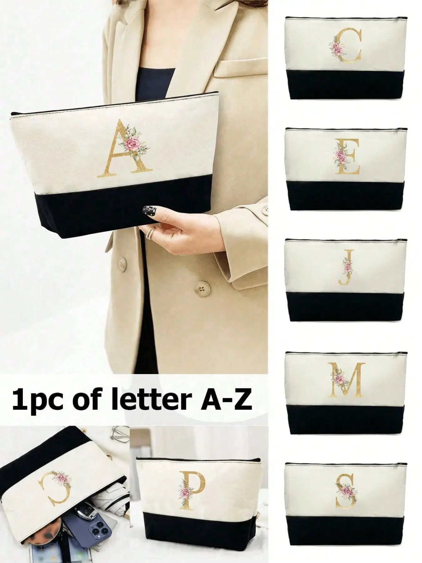 1 patchwork women's cosmetic bag with gold floral pattern letters A-Z, beach bag, travel toiletry bag, makeup storage bag, fashionable clutch, simple coin purse, large-capacity multifunctional storage bag