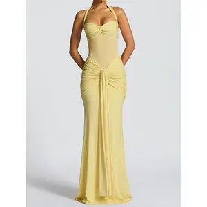 Elegant women’s halter-neck tie-back sheer mesh dress, sexy long flowy gown, fashionable solid-color evening wear