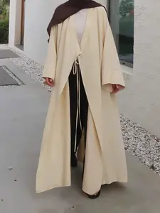Women's Muslim Open Front Long Sleeve Belted Loose Fit Cardigan, Elegant Dubai Islamic Casual Robe, No Headscarf Included