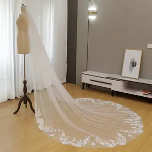Romantic Garden Floral Embroidery Veil | 1-Tier Soft Tulle with 3D Floral Lace Trim with Hand-Sewn Pearls Accents