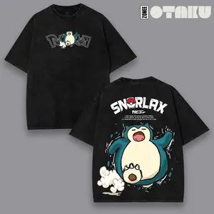 Vintage Snorlax Anime Double Oversized Washed Tee Unisex Anime Lover Cotton Fabric men gifts merch Stylish Clothes Streetwear Relaxed Fit