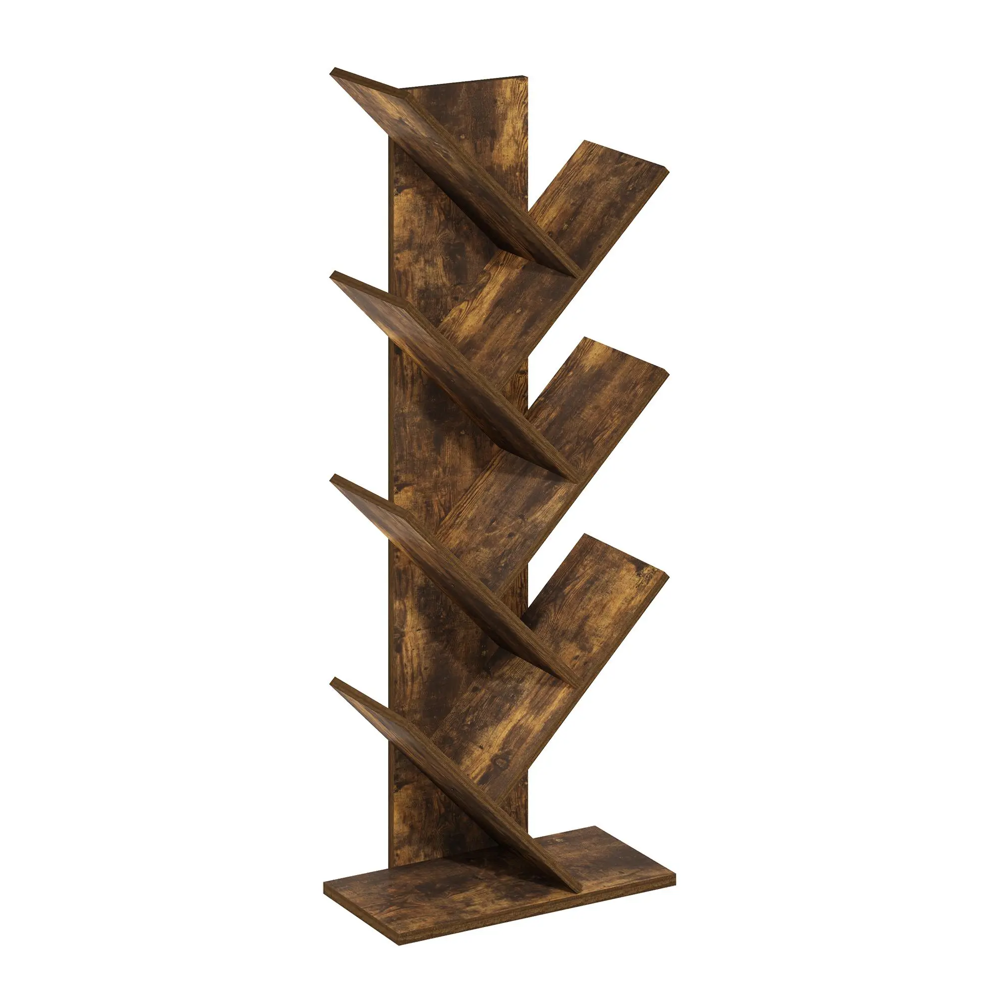 7-Tier Freestanding Tree-Shape Book Stand, Amber Pine Wood-Grain Finish, Angled Racks, Durable Composite Wood Build, 5 lbs Capacity per Unit, 8.4x15.7x39.4in Indoor Furniture for Living Room, Bedroom