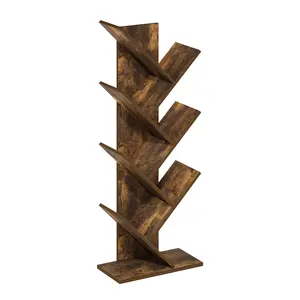 Amber Pine Nature-Inspired Tree-Shape 7-Tier Wood Grain Bookshelf with Angled Shelves, 8.4x15.7x39.4in Book Stand for Living Room, Bedroom