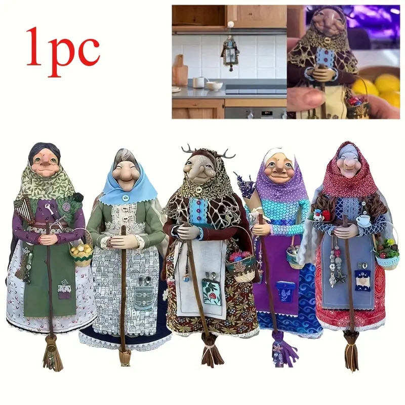 Handmade Resin Kitchen Witch Doll - Floral & Polka Dot Easter Decor, No Electricity Shelf Display, Whimsical Good Luck Charm for Home & Kitchen Decorations, Festive Doll Figures, Intricate Clothing Design, Detailed Fabric Dolls Ornaments  Figurine