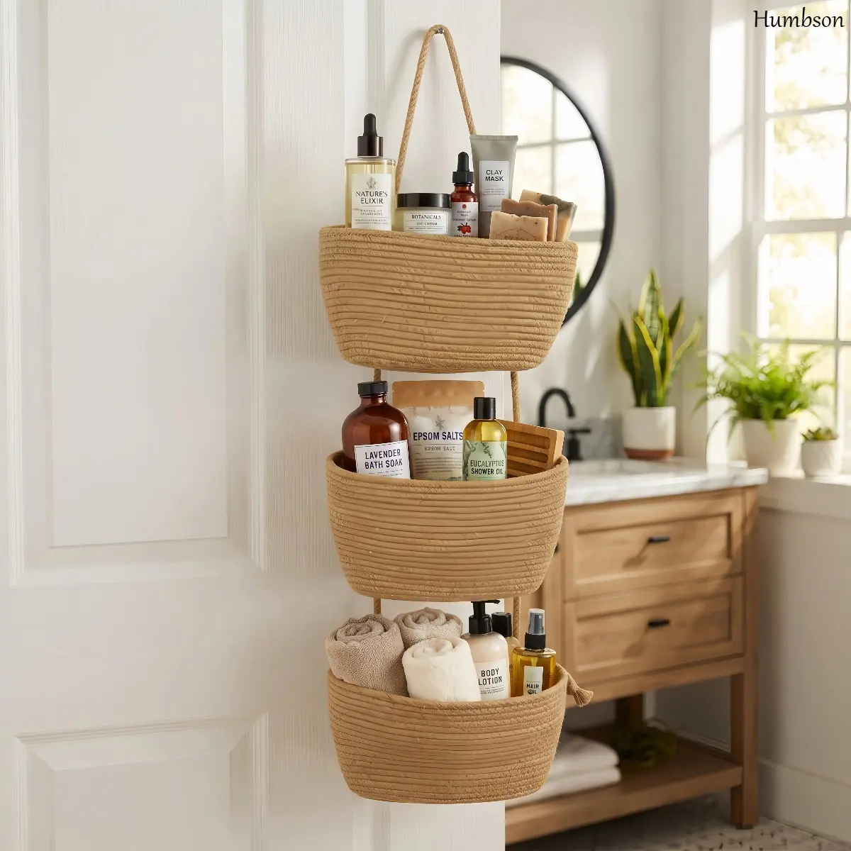 Humbson  11in 3-Tier Boho Jute & White Handwoven Over-The-Door Hanging Basket with Hooks - Bohemian Decorative Storage Basket, Home Wall-Mounted Organizer, Home Accessory for Indoor Pantry Use, Bohemian Basket, Handwoven Storage Basket