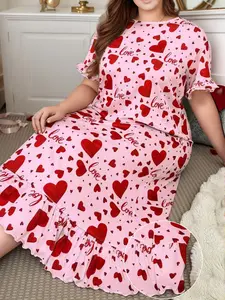 Plus Size Women's Sleepwear Summer Short Sleeve Heart Print Loose Fashion Comfortable Casual Wear Home Long Dress Nightgown