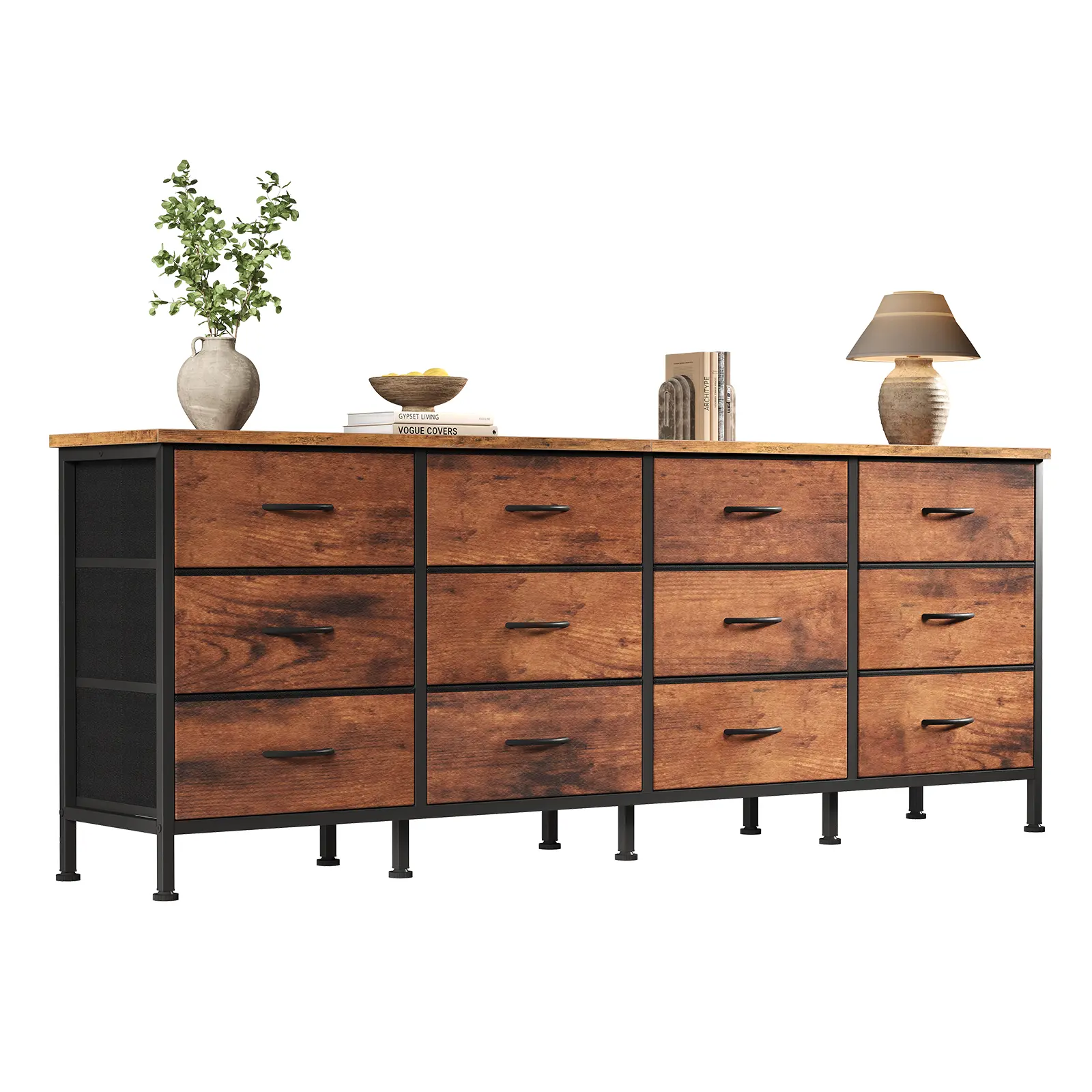 12-Drawer Modern Farmhouse TV Console Cabinet - Metal Frame, Adjustable Shelves, Durable Media Storage for Up to 80-in TVs, Assembly Required, Living Room Furniture