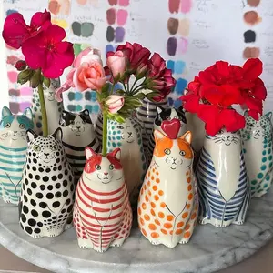 Cute Polka Dot Cat Vase - Cat Lovers Gift,Funny Cat Flower Vase Unique Handmade Tiny Animal Vases for Home Decor,Shelf Vases for Decoration, Bookshelf Decor Vase (Orange 1 PCS)