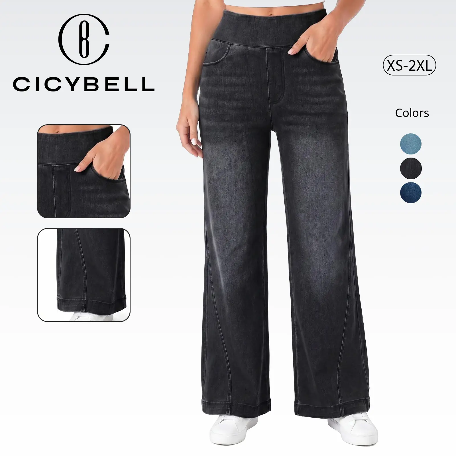 Cicy Bell Women High Waist Stretch Denim Wide Leg Pants Pull On Loose Flare Jeans with Pockets
