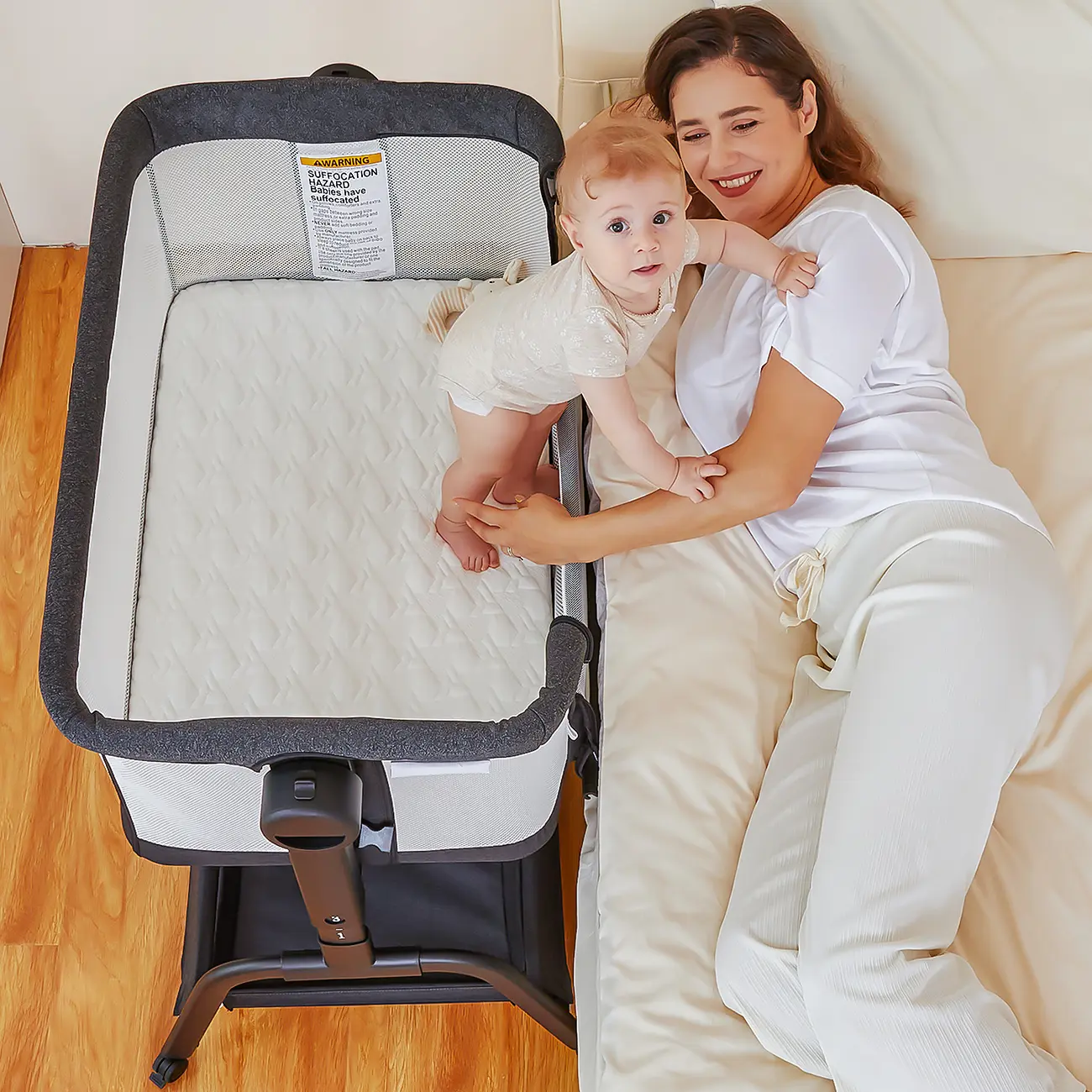 4 in 1 Rocking Bassinet, Bedside Crib Sleeper with Soft Waterproof Mattress & Breathable Mesh, 6 Adjustable Heights, Baby Cradle for Infant & Toddler with Large Capacity Storage