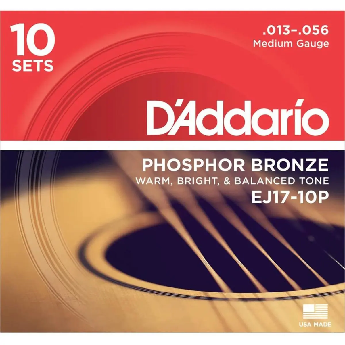 D'Addario EJ17 Phosphor Bronze Acoustic Guitar Strings Set, Medium, 13-56 Gauge, 10-Pack