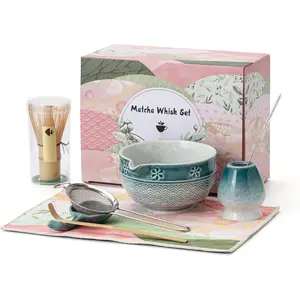 Matcha  Set, 8 count  Matcha Kit with Cherry Blossom and Wave Design Ceramic Bowl,  Whisk, Whisk Holder, Scoop, Sifter, Brush, Matcha Kit Set for Matcha Lovers (Blue Gradient)