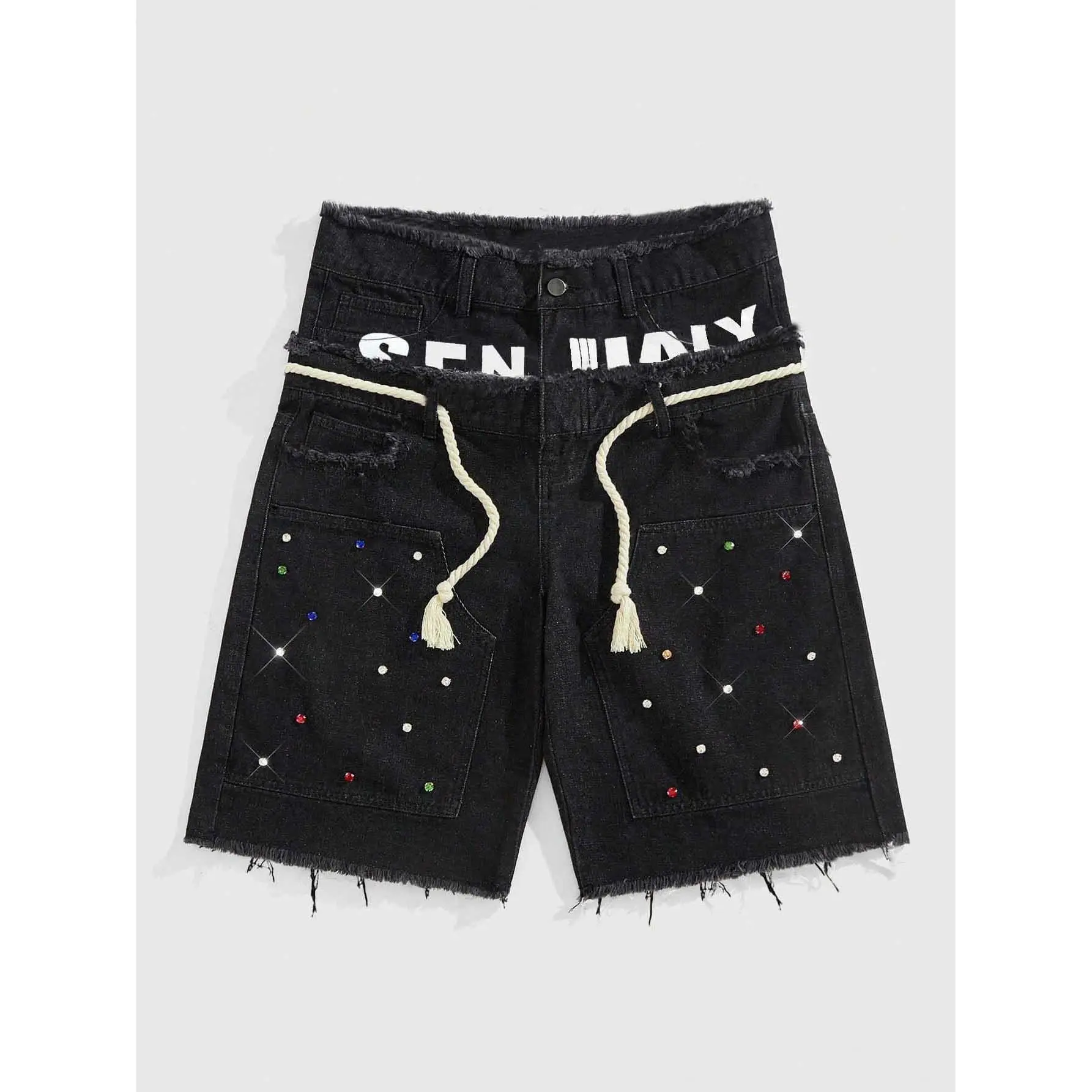 Men's Denim Shorts, Streetwear Graphic Print Medium Wash Bermuda Shorts with Frayed Hem and Rhinestone Belt, Zipper, Cotton, Denim Blue Men's Shorts