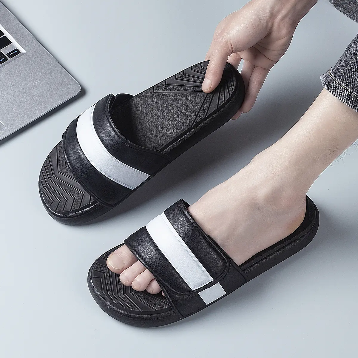 Men's Comfortable Open-Toed Slide Slippers - Adjustable PU Upper, EVA Lining, PVC Soles, Carabiner Buckle, Multi-Color, Large Sizes, Unisex Fit, Ideal for Outdoor Sports Shoe, Slipper, Footwear, Slide Footwear