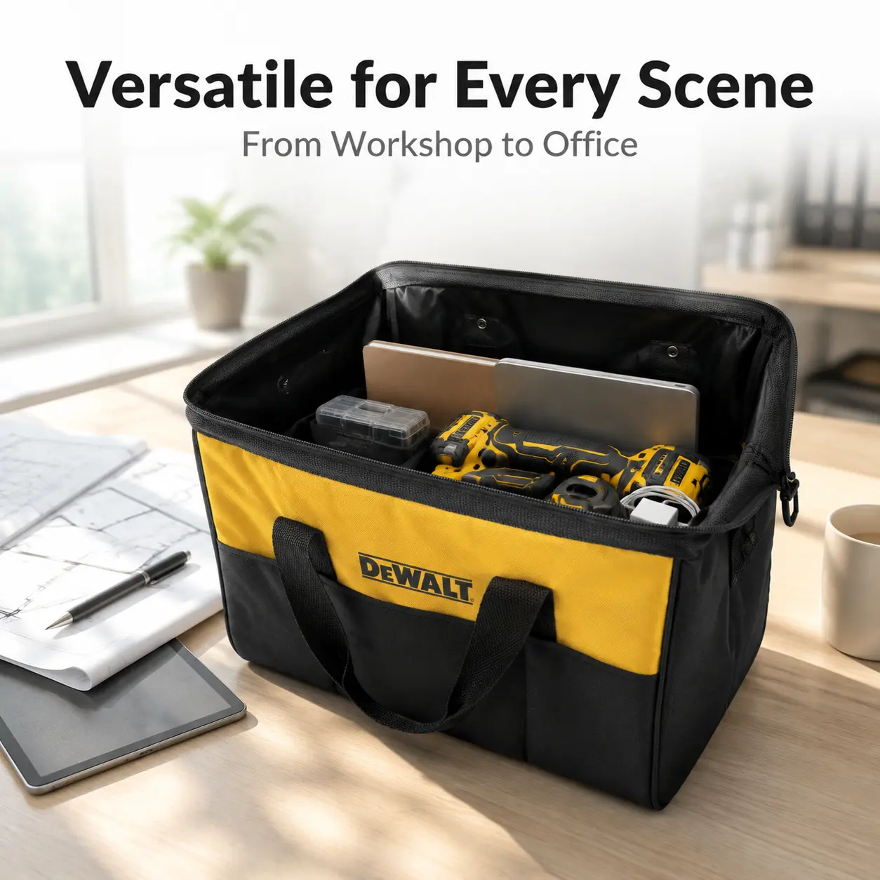 DEWALT Contractor Tool Bag - 37cm/14.5in, Reinforced Base, Heavy-Duty Zippers, Durable Carry-All for Construction Work (Stores Circular Saws, Drills, Batteries)