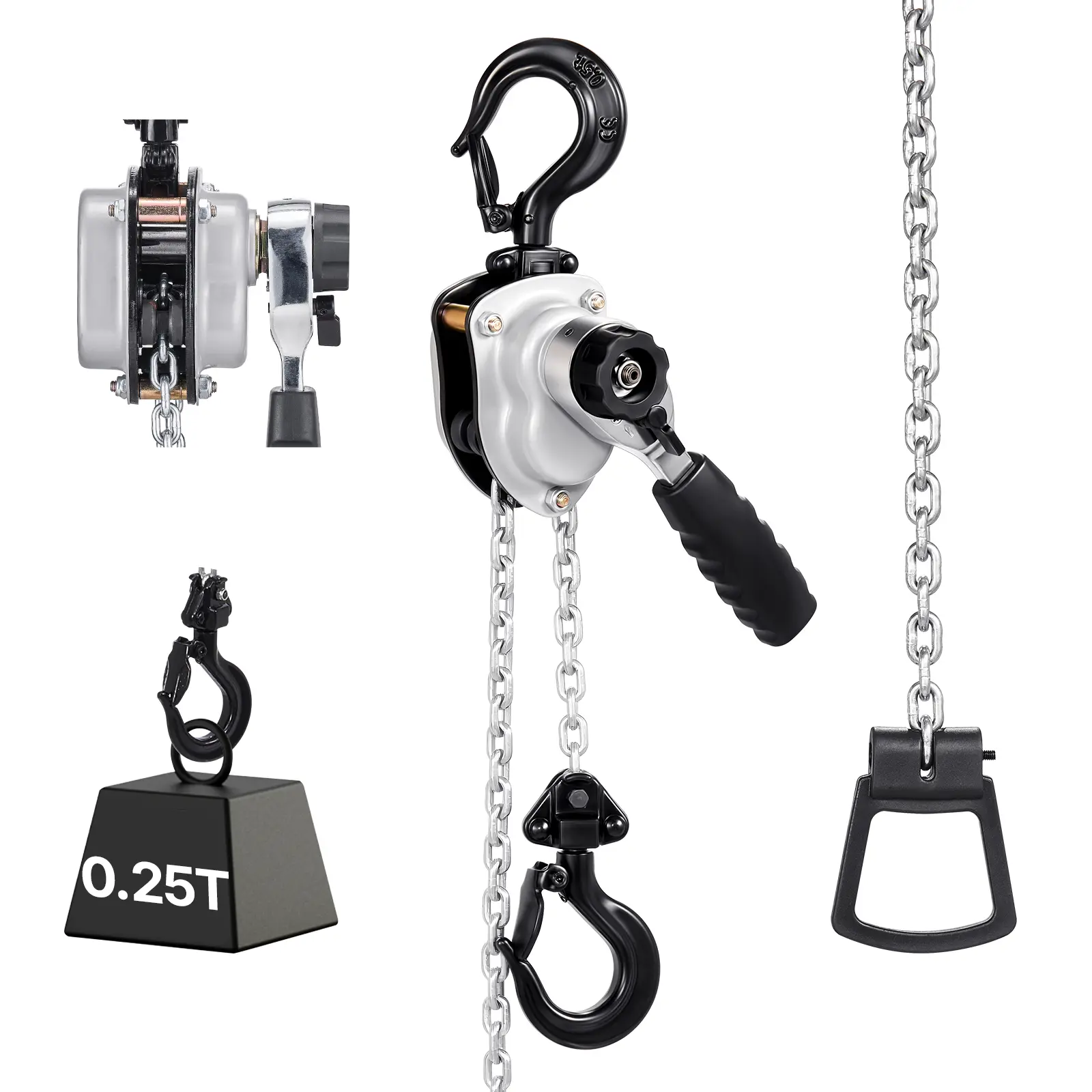 VEVOR Manual Lever Chain Hoist, 1/4T 550LBS Compact Heavy-Duty Come-Along with 5 ft Lift, 4 mm G80 Alloy Steel Galvanized Chain, Dual Pawl Mechanical Brake, 360° Rotating Ergonomic Handle Hooks for Warehouses Industrial Tasks, Storage Bags, 5Ft