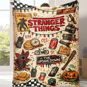 Retro Stranger Things Blanket - Hawkins 1984 The Upside Down Soft Flannel Throw - Teen Bedroom Decor TV Show Merchandise